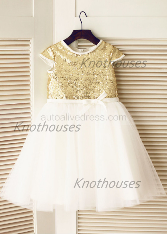 Cap Sleeves Gold Sequin Ivory Tulle Knee Length Flower Girl Dress